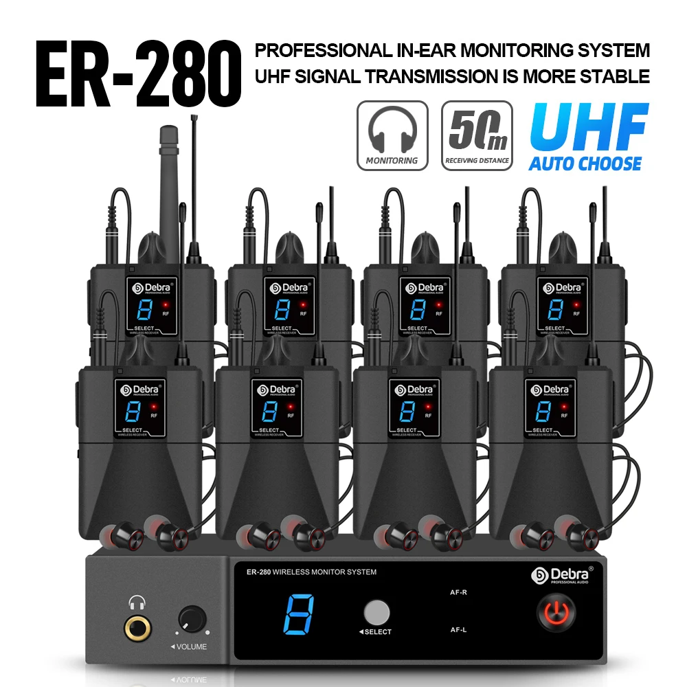 Фото Беспроводная система мониторинга Debra ER-280, Bluetooth 5.0, UHF, с несколькими приемниками, для концертов и студий звукозаписи №1