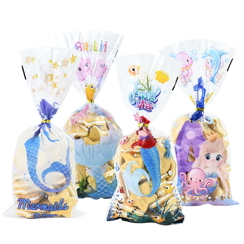 

50pcs Mermaid Party Candy Gift Bags Plastic Biscuit Packing Bag Little Mermaid Birthday Party Decoration Baby Shower Supplies
