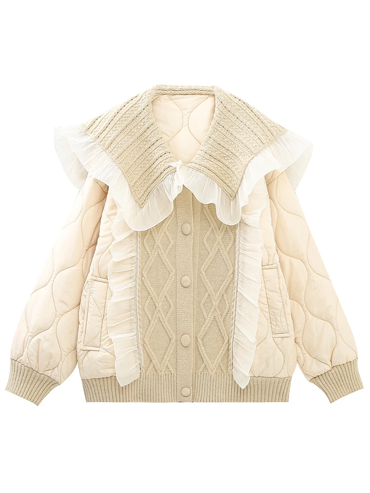 PAILETE Women 2022 fashion knit patchwork cotton padded coat vintage doll collar long sleeve female outerwear chic tops