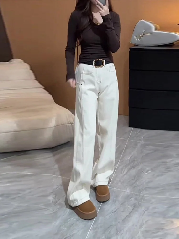 Белые прямые джинсы больших размеров женские осень-зима 2023 популярные