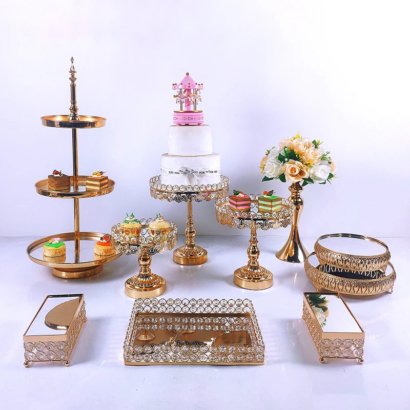 Gold Silver 6-10 Pcs  Crystal Metal Wedding Cake Stand Set Rack  Holiday Party DisplayTray Cupcake  Plate
