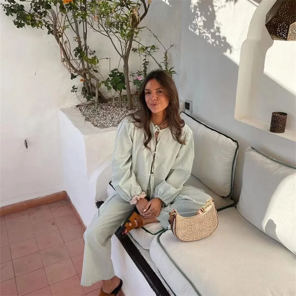 Женский модный новый уникальный и элегантный комплект из рубашки брюк в полоску