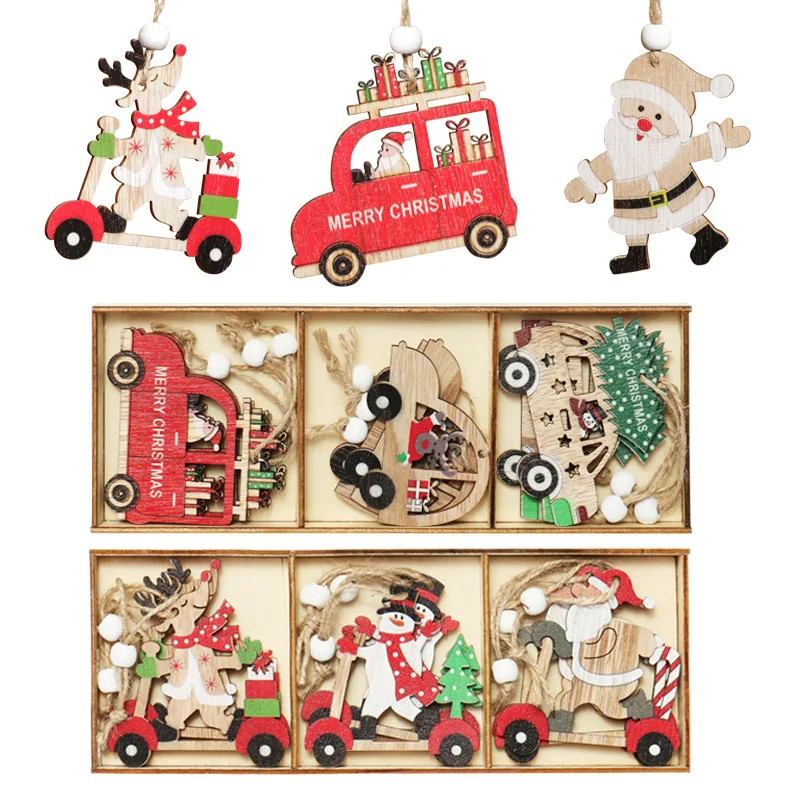 

9pcs/box Christmas Car Wooden Pendants Xmas Tree Hanging Ornaments Christmas Decorations for Home Kids Gift Noel Navidad Decor