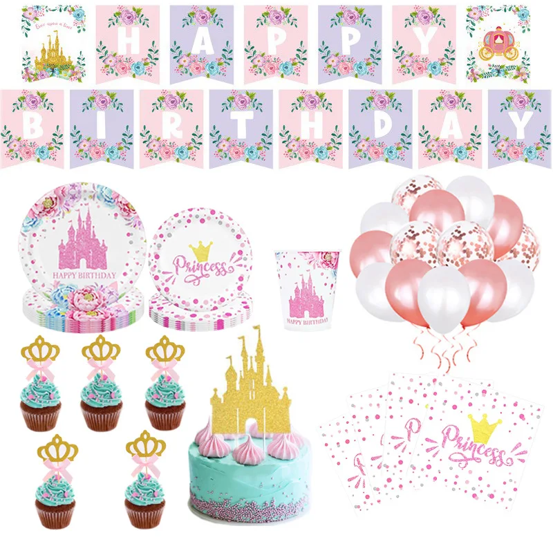 

JOLLYBOOM Castle Princess Themed Party Decoration Balloons Disposable Tableware Set Banner Cake Topper Birthday Party Supplies