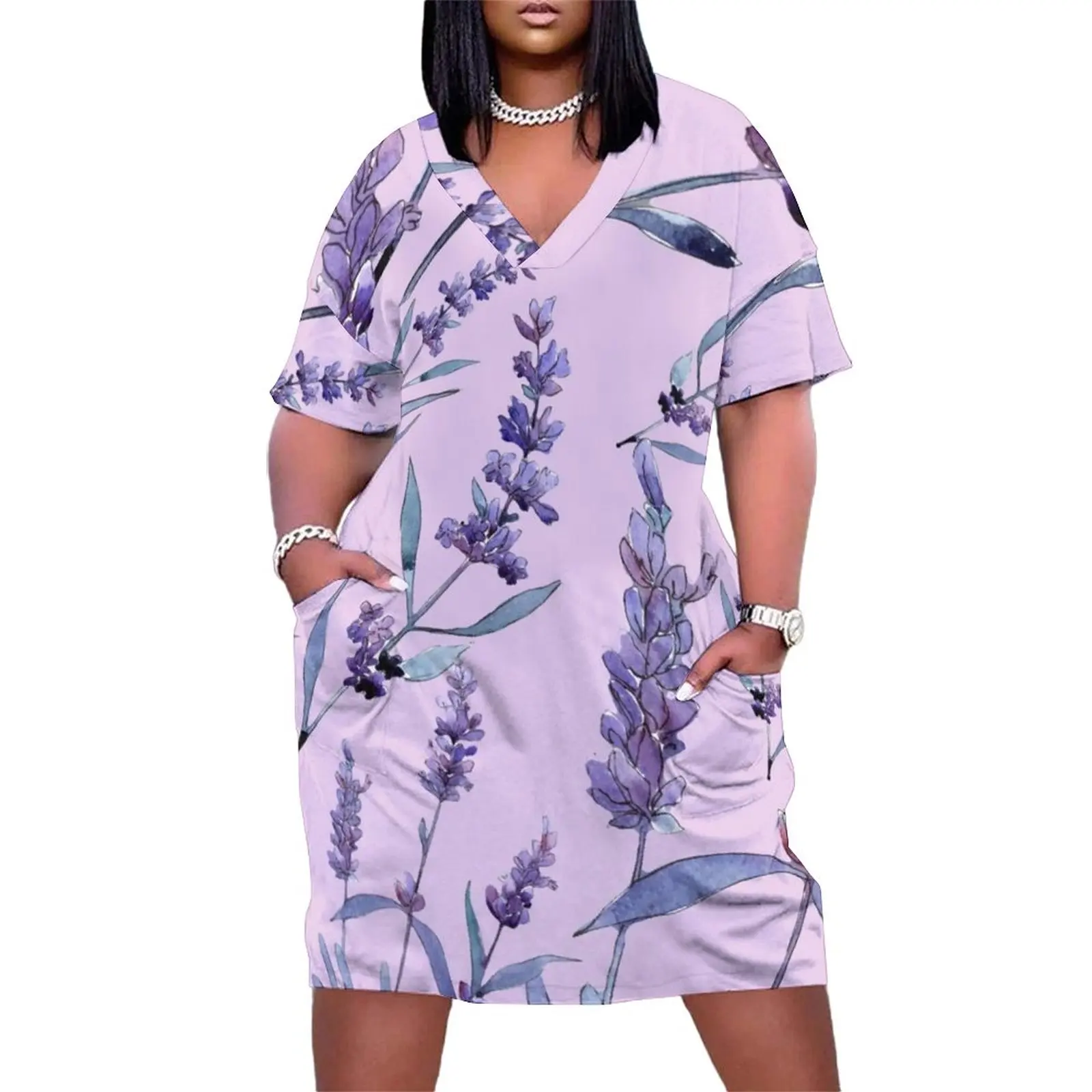 Violet Lavender Casual Dress Womens Purple Floral Print Sexy Dresses Summer V Neck Korean Fashion Pattern Dress Plus Size