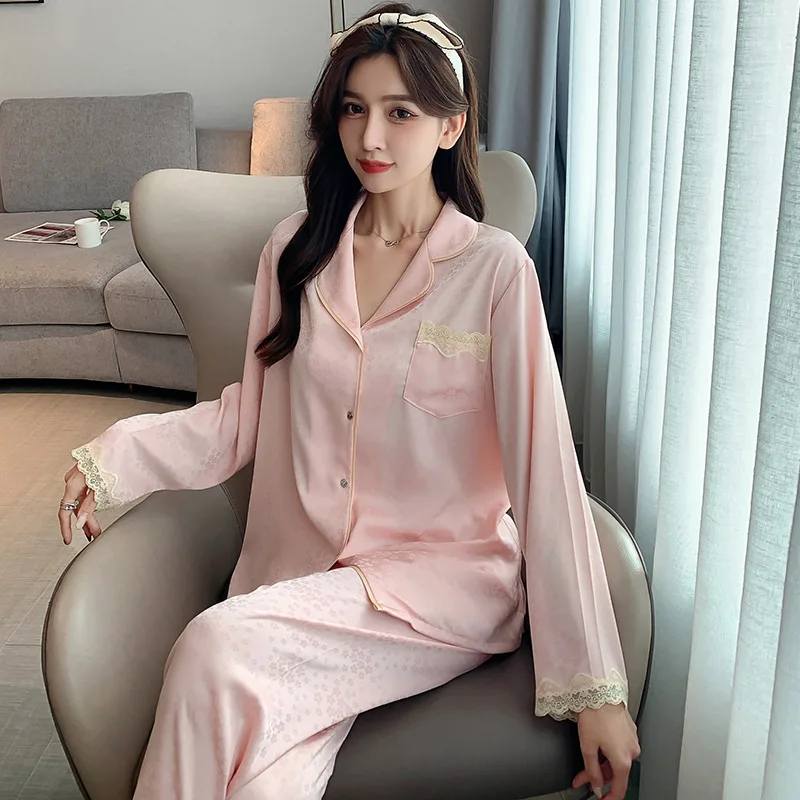 Spring Autumn Pajamas for Women Long Sleeve Loungewear Lace Pajama Sleepwear Suit Female 2 Pcs Set Pantsuits Home Wear Nightwear