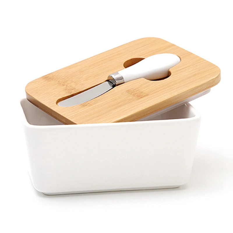 

16X12X7.5cm Sealed Butter Box with Wooden Lid Knife, Dishes, Ceramic Tools, Cheese Storage Trays, Kitchen Utensils