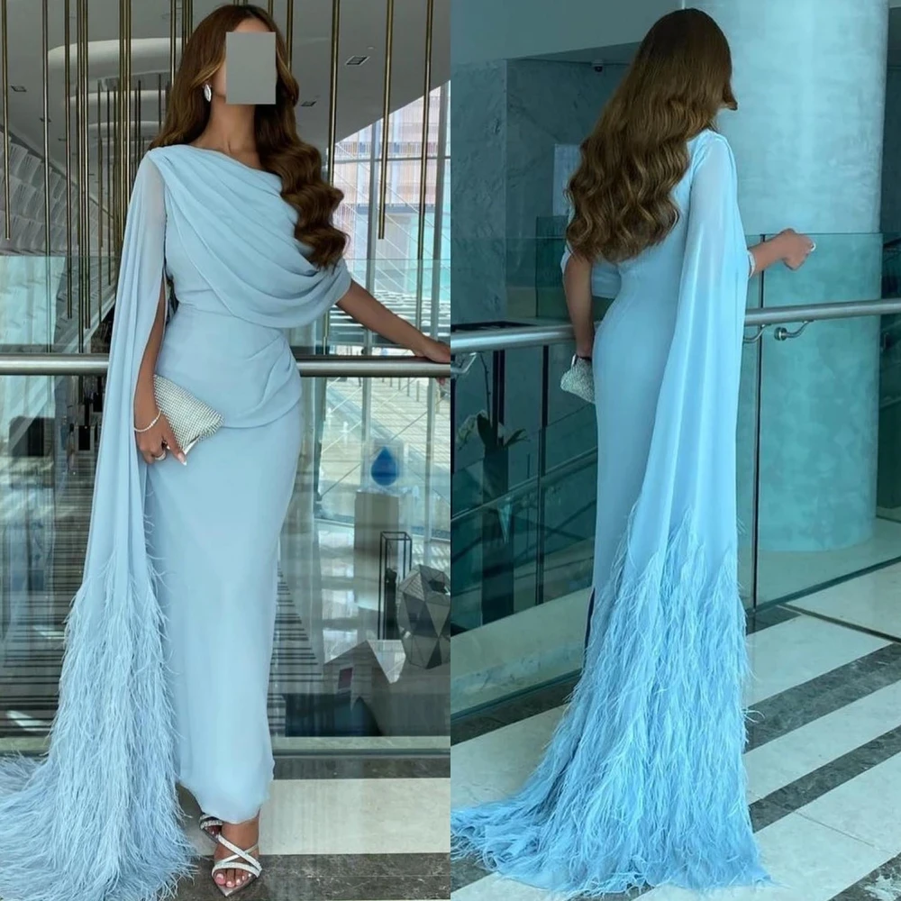 

Evening Dresses Feathers Shirred Anke length Chiffon Square A-Line Formal Ocassion Gown Evening Dresses Saudi Arabia For Wedding