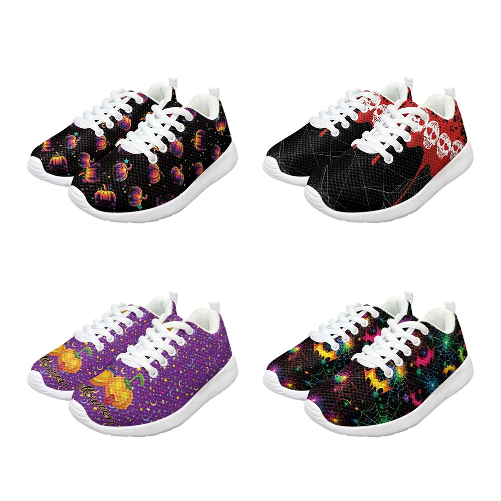 

Кроссовки с черепом с паутиной летучая мышь Тыква дизайнерские для девочек и мальчиков кроссовки с круглым носком уличная одежда белая подошва Хэллоуин подарки для детей