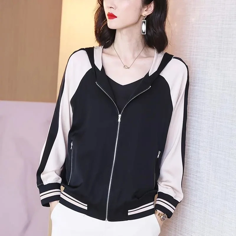 

Fashion Hooded Jacket Women Patchwork Silk Thin Casual Cropped Jackets Zip Up Long Sleeves Spring New Cardigan Coat Simple Wild