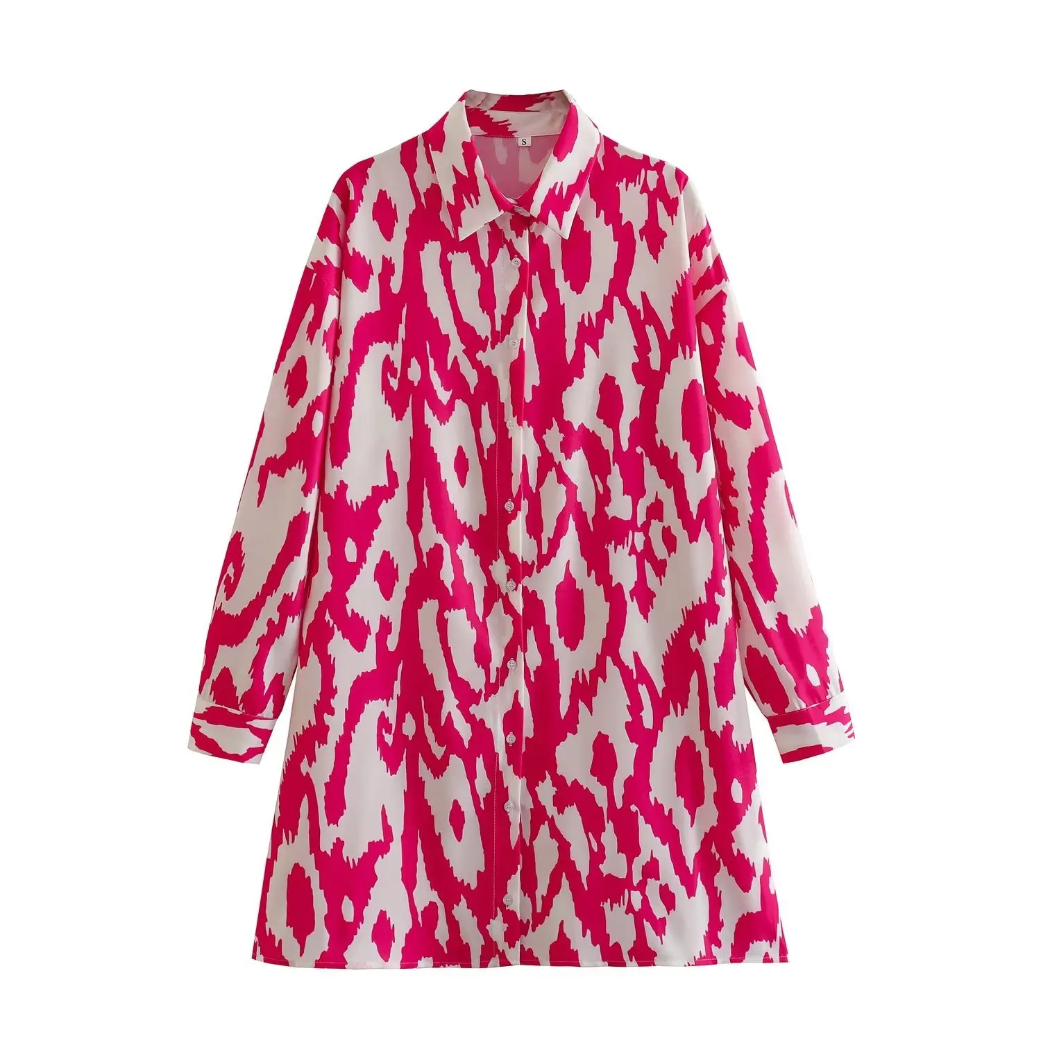 

TRAF Women's Summer Vintage Tie Dye Graffiti Print Buttons Casual Shirt Mini Dress Female Chic Long Sleeve Retro Slim Vestidos