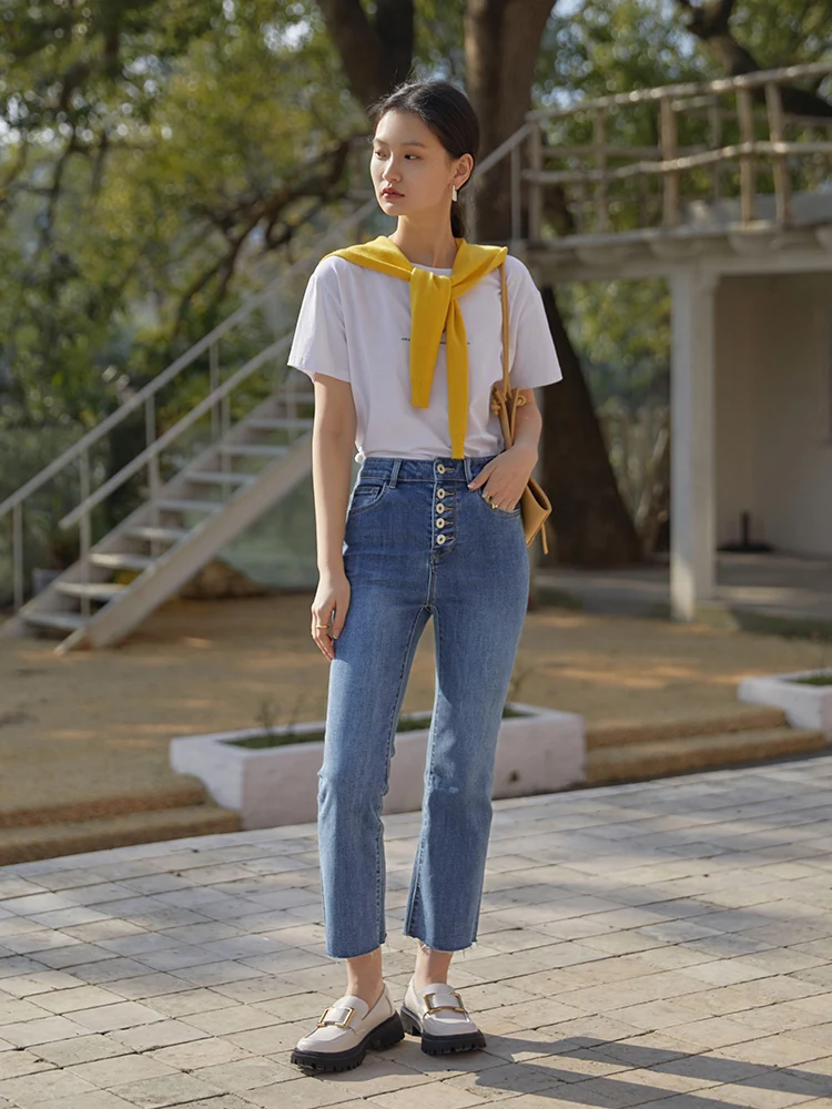 ZIQIAO Japanese Light High Waist Cropped Shrink Jeans Office Lady Multi-Button Cotton Stretch Jeans Denim Blue Ankle-Length Pant