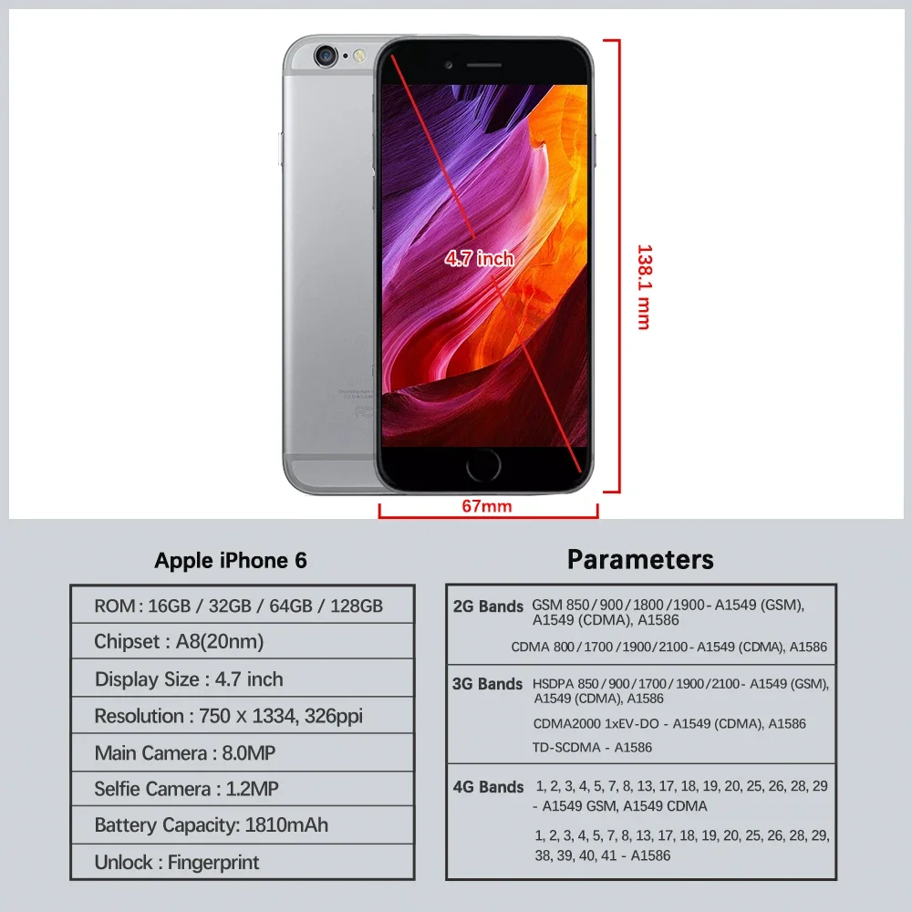 Фото Мобильный телефон Apple iPhone 6 4G LTE, 4,7 дюйма, IPS LCD Touch ID, 16 ГБ, 32 ГБ, 64 ГБ ПЗУ, разблокированный, двухъядерный сотовый телефон Apple A8 IOS №2