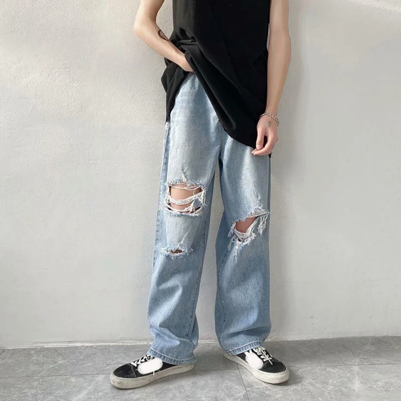 Men Jeans Wide leg Straight Oversize 3XL Y2K Man Hole Ripped Jeans Streetwear Denim Trousers Mens Loose Casual Harajuku Pants