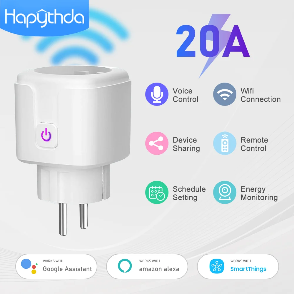 

Hapythda 20A Tuya Wifi Smart Plug EU Smart Розетка с функцией таймера монитора мощности, совместимая с Alexa Google Home