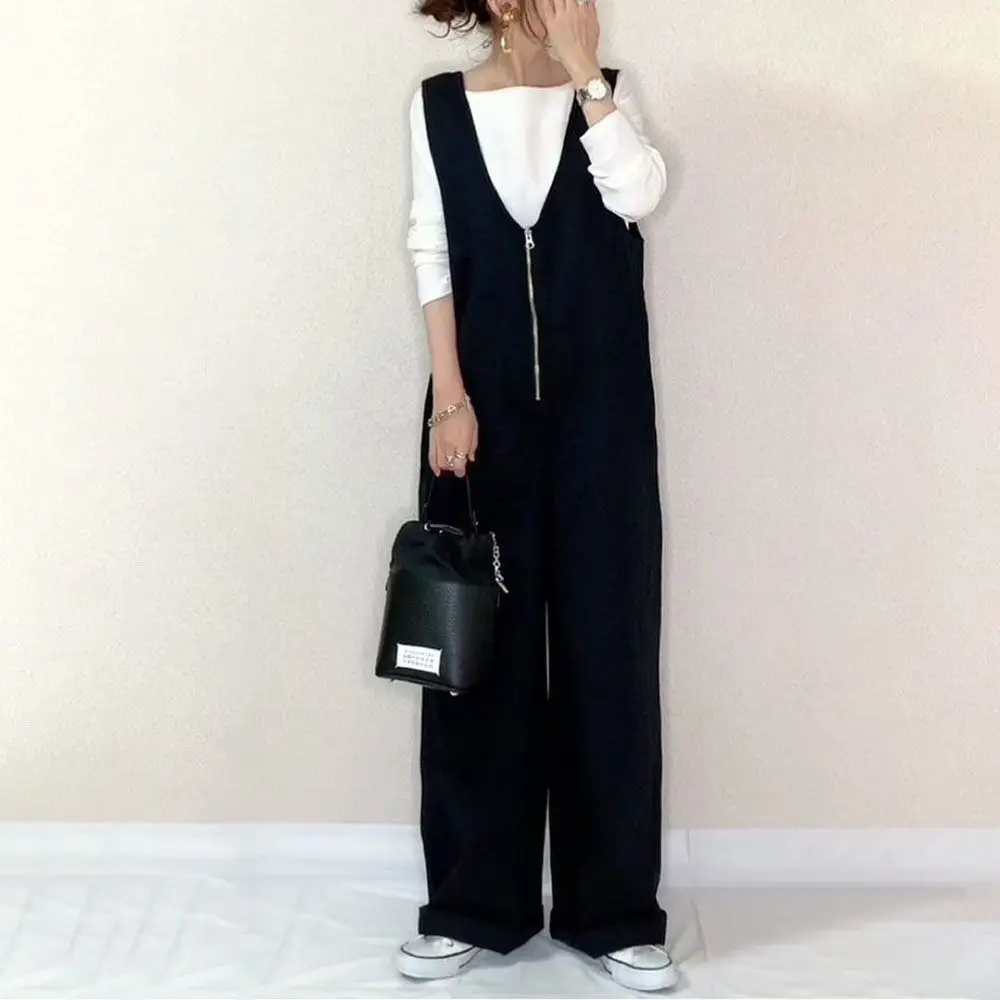 

Japanese 2022 Summer New Solid Color Zipper Strap One-piece Wide-leg Pants Show Thin Drape Tie Dye Jumpsuit for Women