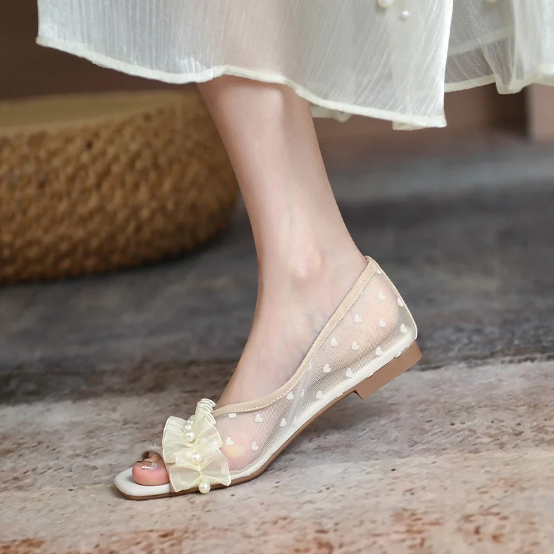 

Autumn Woman Spring Ruffles Open Toe Low Heel 1CM Women Flats French Style Vintage Summer Shoes Kidsuede Mesh Sandals