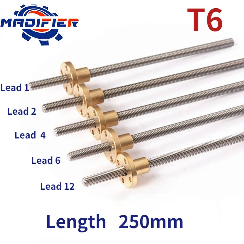 

304 stainless steel T6 screw length 250mm lead 1mm 2mm 4mm 6mm 12mm trapezoidal spindle 1pcs With brass nut