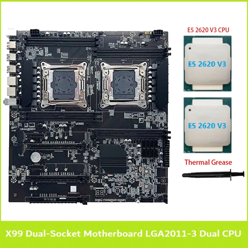 

X99 Dual-Socket Motherboard LGA2011-3 Dual CPU Support RECC DDR4 Memory With 2XE5 2620 V3 CPU+Thermal Grease