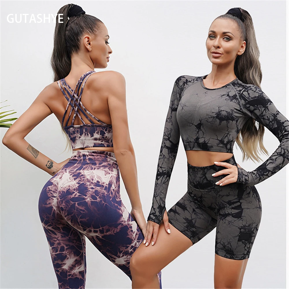 

Gutashye 4PCS Seamless Tie-Dye Yoga Sets Sports Fitness High Waist Hip Raise Pants Workout Clothes Gym Leggings Set for Women