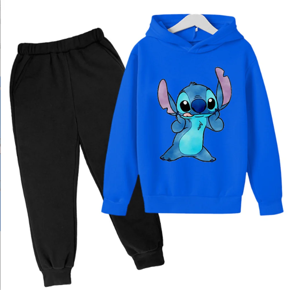 

New Stitch Kids Disney Spring and Autumn Cartoon Print Girls' Fashion Sports Suit Hoodie Sweater+Trousers Boys' Clothing