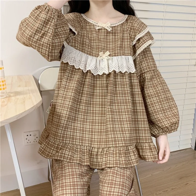 QWEEK Women's Home Suits Spring Autumn Female Set Pajamas Kawaii Lace Bow Ruffles Pijamas Sleepwear Roomware Nightie Pyjamas