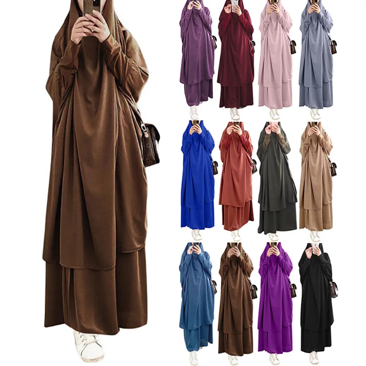 

2 pcs Set Muslim Fashion Abayas For Women Turkish Hooded Bat Dress American Clothing With Hijab For Eid Prayer Malaysia Kaftan