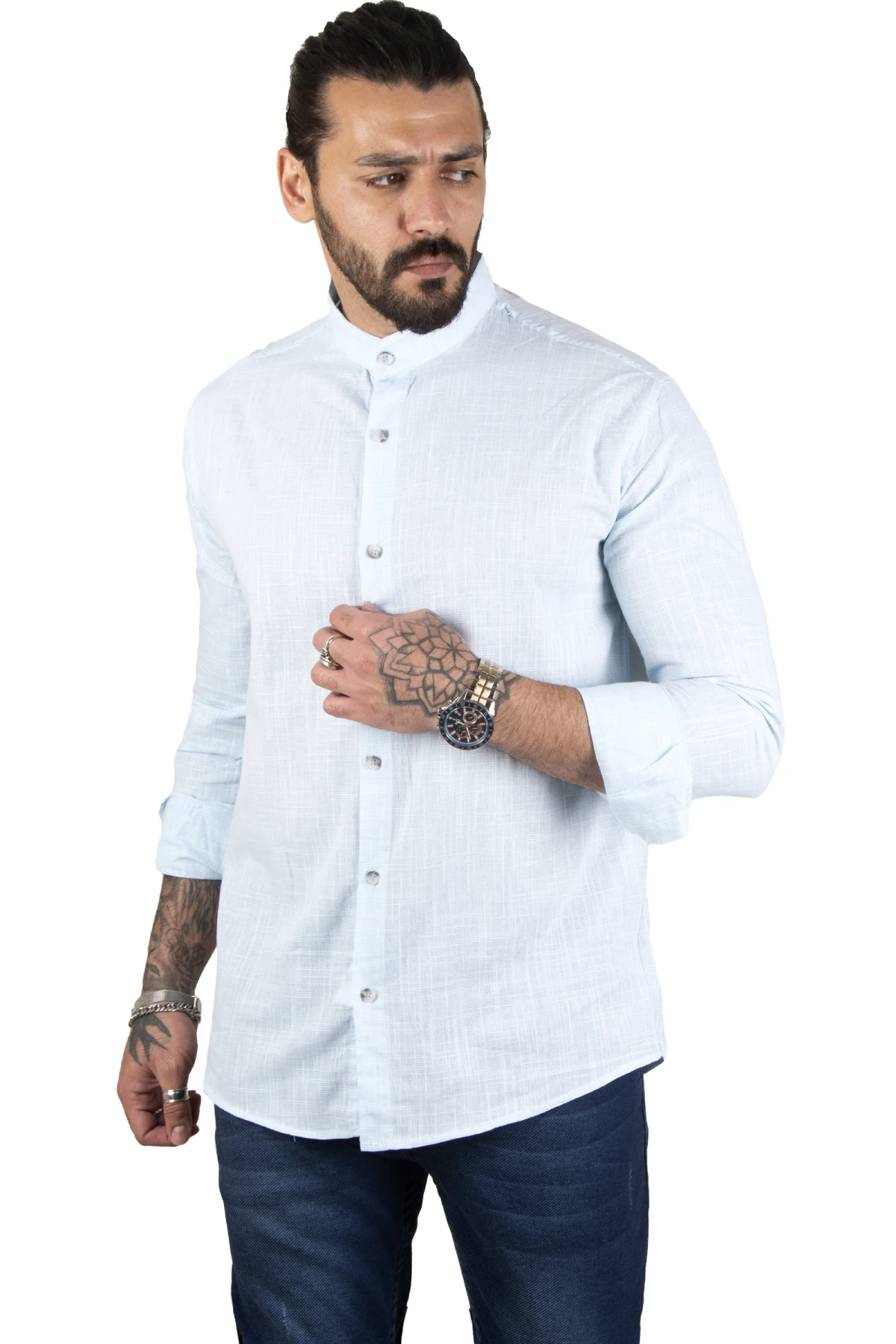 DeepSEA striped lycra dominant collar raw linen long sleeve men's shirt 2201895