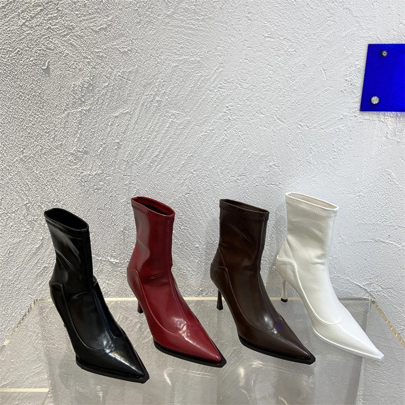 

Женские ботильоны с острым носком, черные, красные, коричневые, белые эластичные ботинки без застежки на тонком высоком каблуке, обувь для в...