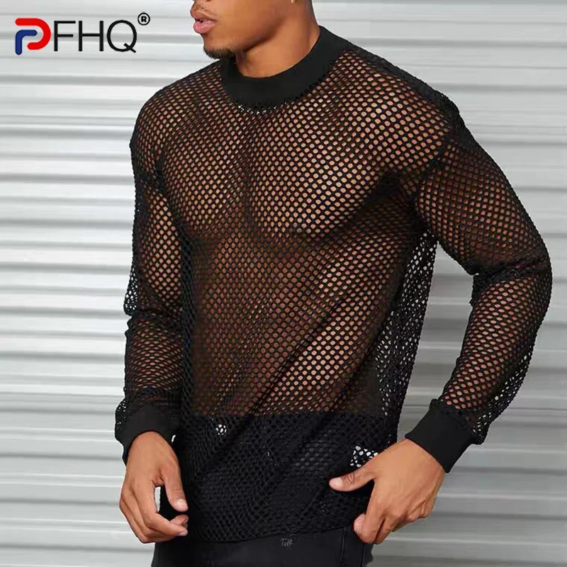 

PFHQ Men's Long-sleeved Sexless Translucent Design T-shirt Gym Breathable Mesh Hollow-out Tops Trendy Male High Quality Elegant