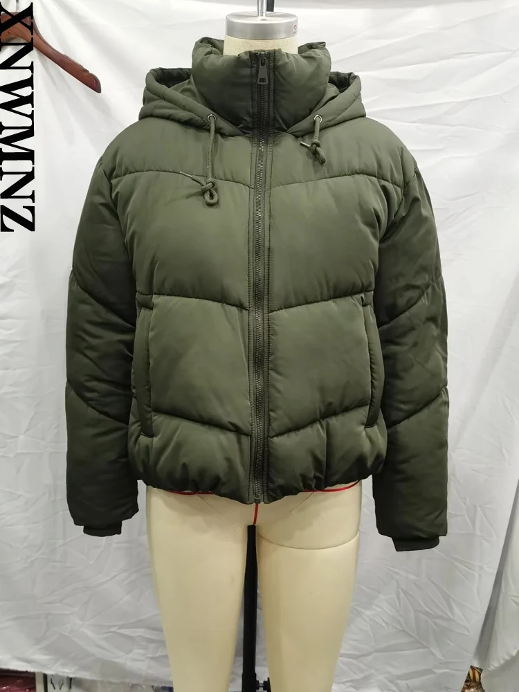 XNWMNZ Women Fashion High-quality Winter Warm Hooded Padded Jacket Coat Vintage Long Sleeve Zip Pockets Female Outerwear Tops