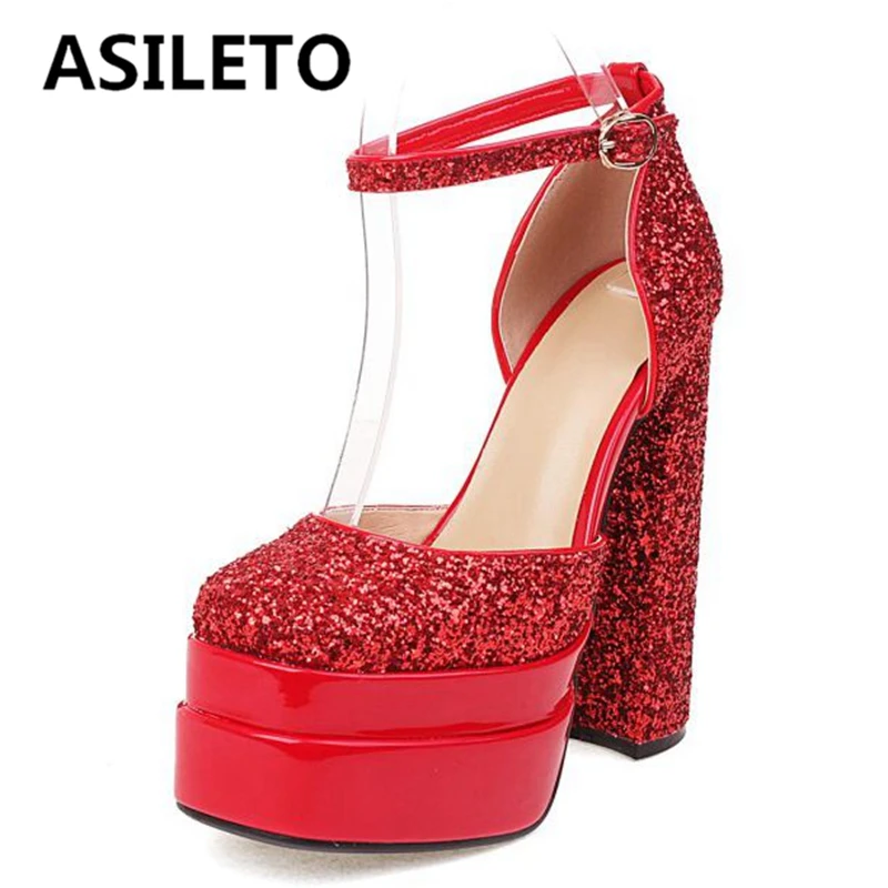 

ASILETO Spring Wedding Shoes Woman's Pumps Square Toe High Chunky Heels Sequined Cloth Buckle Strap Plus Size Red Black A4587