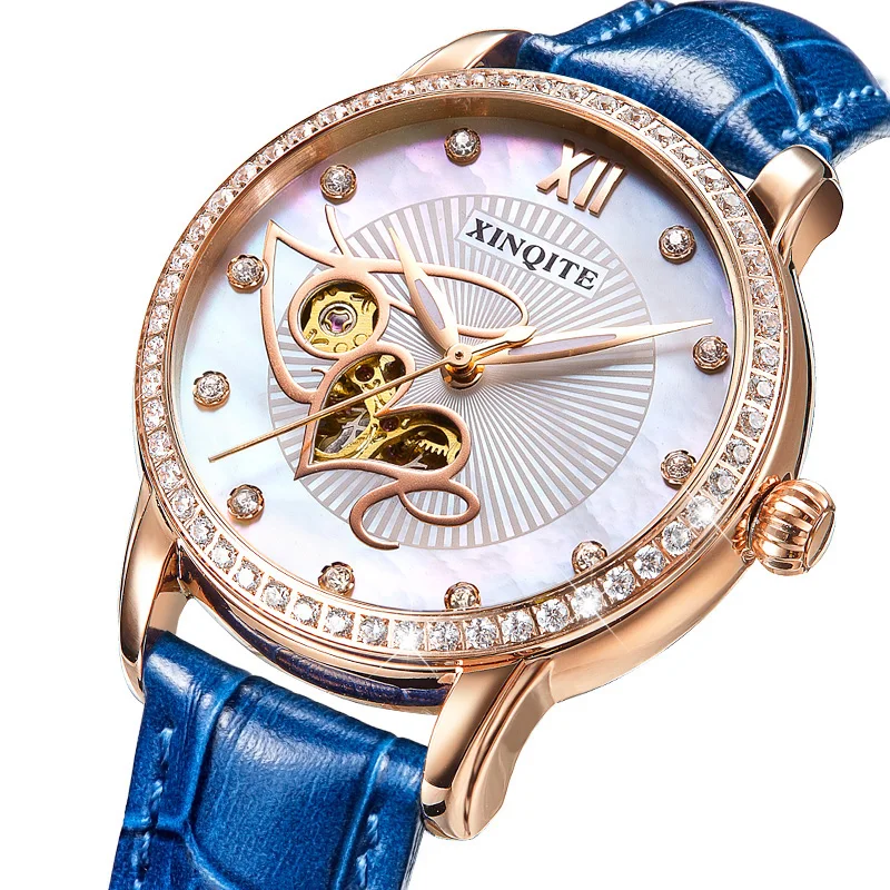 Beautiful Diamend Watch For Woman Sapphire Crystal Love Pearl Dial Automatic Lady Watch Blue Leather Strap 35MM