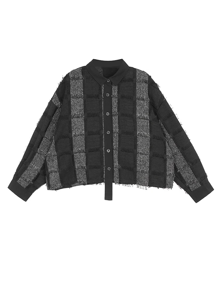 

Women Dark Gray Plaid Tassels Big Size Blouse New Lapel Long Sleeve Loose Fit Shirt Fashion Spring Autumn 2022 C332