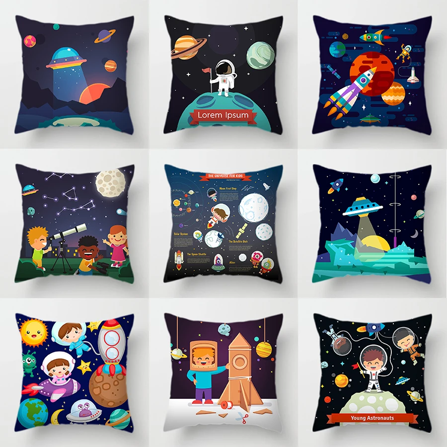 

45x45cm Universe Theme Cushion Cover Space Dream Astronaut Planet Decorative Pillows Case for Sofa Home Kids Room Pillowcase