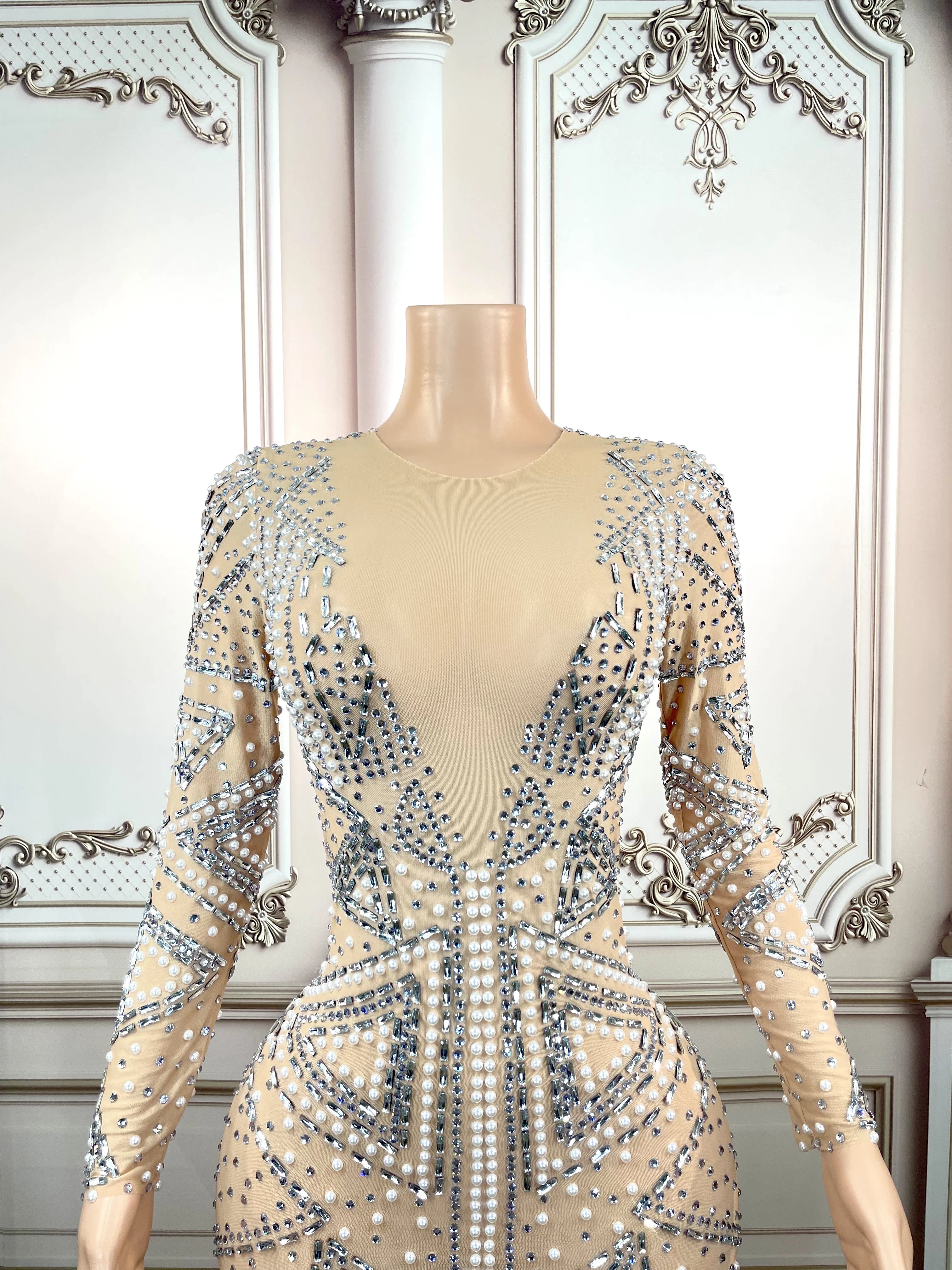 High End Rhinstone Pearls  Evening See throughDress Deep V Festival Showgirl Costume Birthday Formal Real Women Celebrate