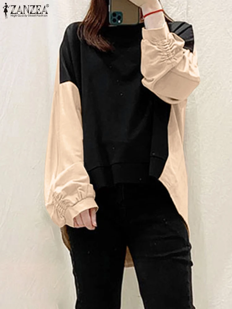 

2022 Fashion Solid Patchwork Tops ZANZEA Irregular Hem Blouse Spring O Neck Shirt High Low Tunic Women Casual Long Sleeve Blusas