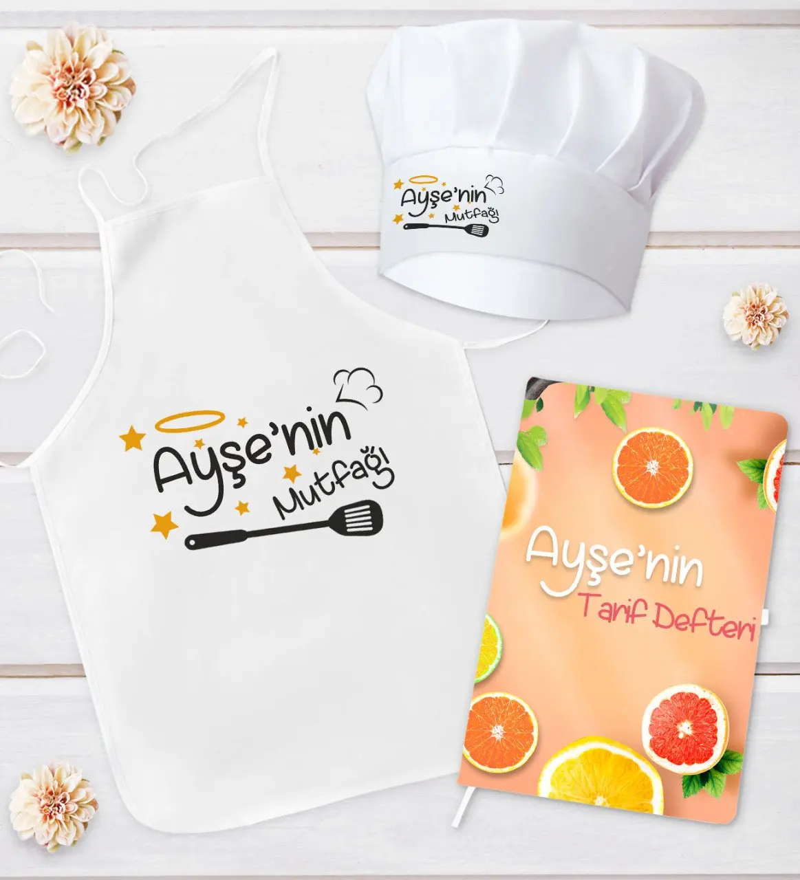 

Personalized kitchen apron cook hat and recipe book gift set Model 2
