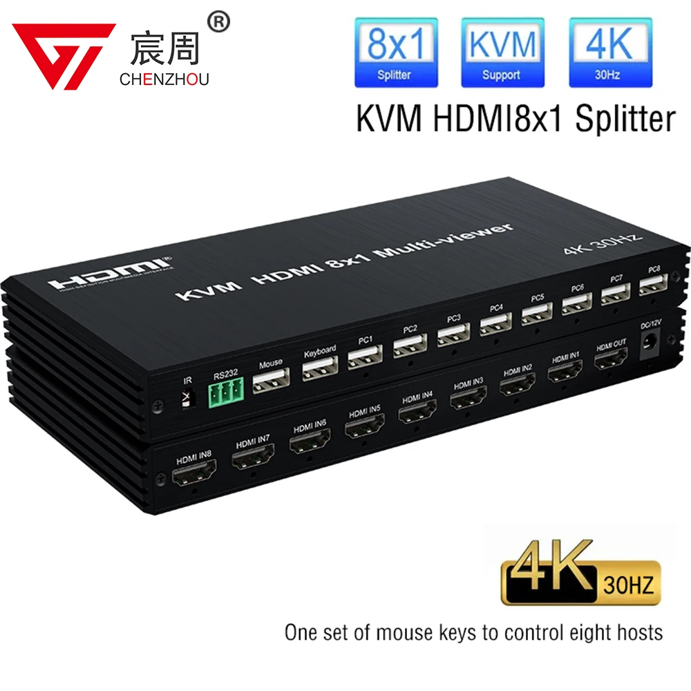 Фото HDMI KVM, мультипросмотр, 4K, 8 в 1, 1080P KVM HDMI, четырехэкранный мультипросмотр, 1X8 HDMI мультипросмотр, бесшовный переключатель с ИК RS232 №1