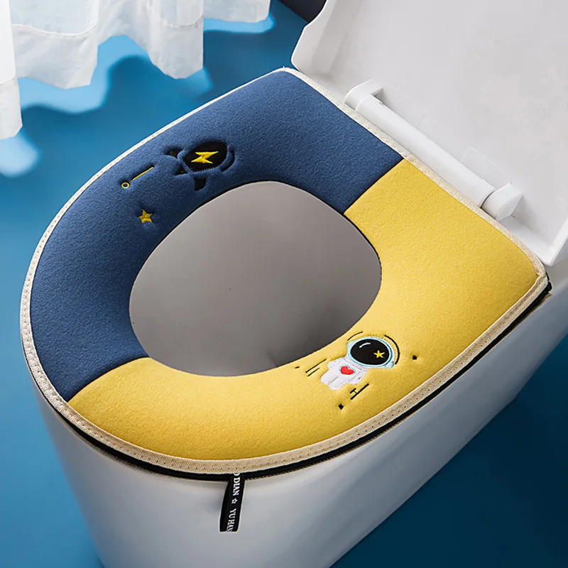 

Spaceman Contrast Color Handle Toilet Pad Household Sticky Buckle Zipper Toilet Cover Waterproof Thickened Warm Toilet Cover Pad