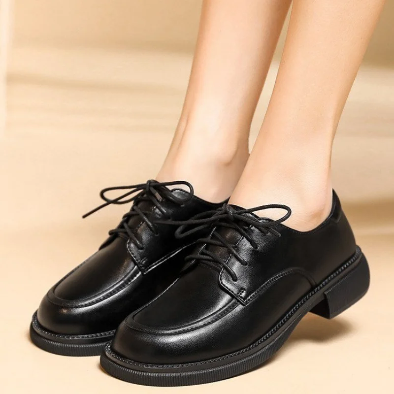 

Женские весенние черные туфли, новинка 2023, британская мягкая кожа, на шнуровке, на массивном каблуке, женская обувь, Классические повседневные туфли-лодочки для студентов