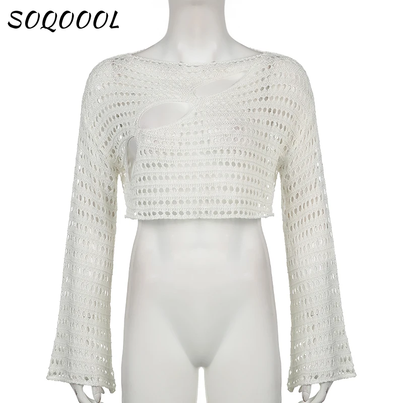 Y2K Укороченный трикотажный топ с вырезами Женский винтажный Свободный пуловер из