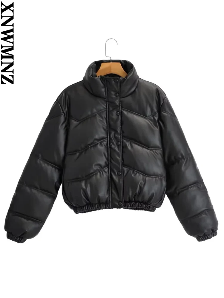 XNWMNZ 2022 Women Fashion Faux Leather Padded Jacket Thick Warm Parka Coat Vintage Long Sleeve Female Outerwear Chic Tops