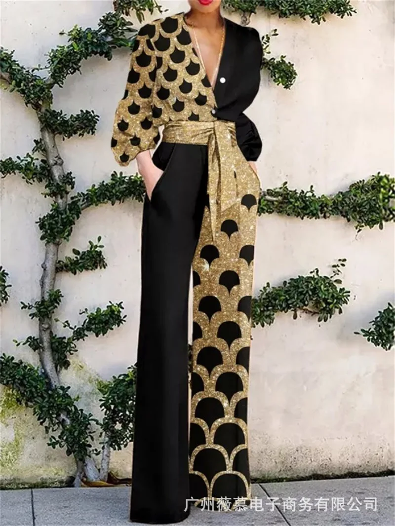 

Весенний женский комбинезон на шнуровке с длинным рукавом, элегантный офисный однобортный комбинезон с лацканами, блестящий праздничный н...