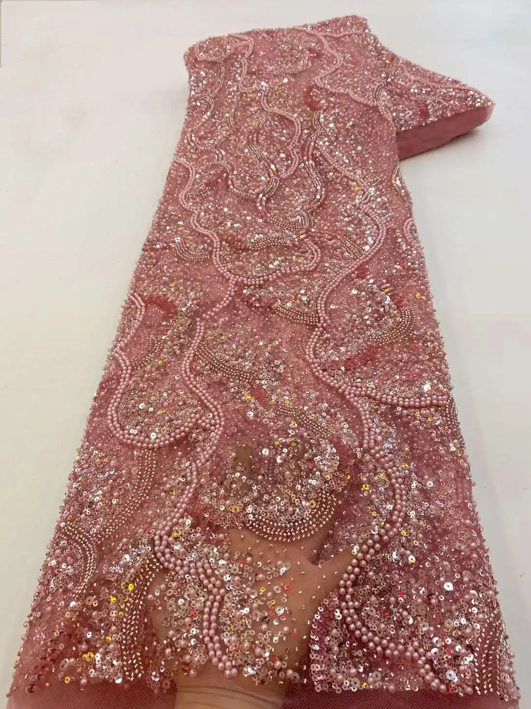 

3.65kg/5y Luxury Pink Heavy Beaded Lace Fabric 2023 High Quality Nigerian Sequin French Tulle Fabric For Wedding Party Sewing