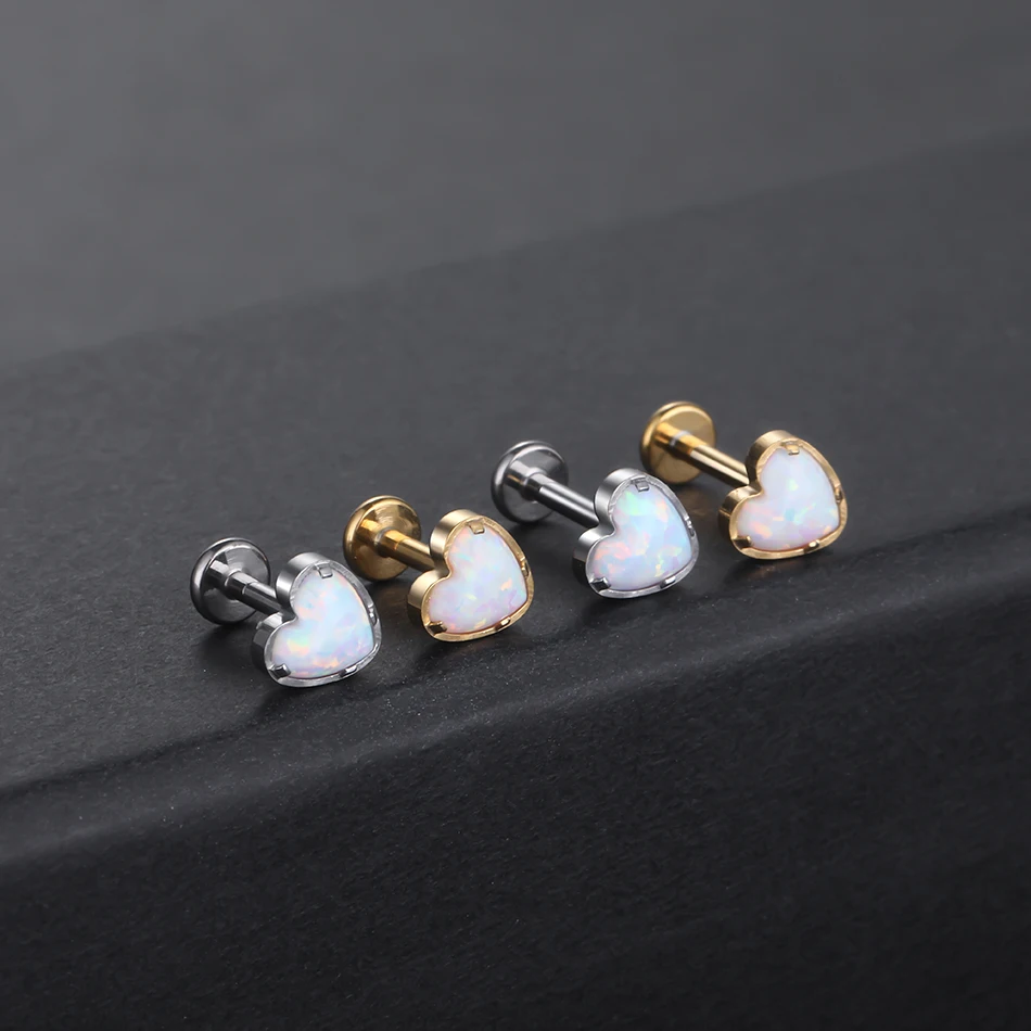 

10Pcs G23 Titanium Piercing Labret Lip Stud Heart Opal Stone Helix Tragus Conch Piercing Ear Cartilage Earring Women Jewelry