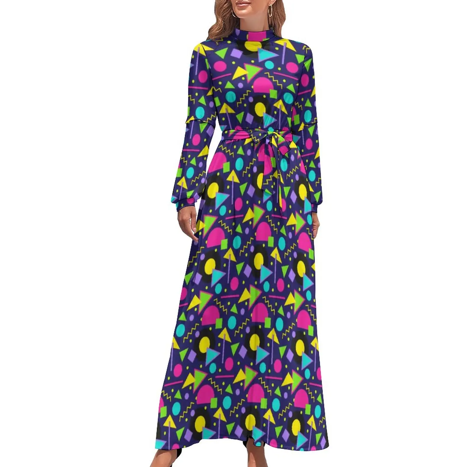 

80S Neon Shapes Dress High Waist Vintage Pattern Print Bohemia Dresses Long Sleeve Street Wear Long Maxi Dress Elegant Clothing