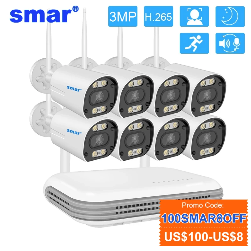 

Smar Wifi Camera Kit 3MP Two Way Audio H.265 HD AI Face Detect Outdoor Security CCTV 8CH NVR Video Surveillance System ICSEE