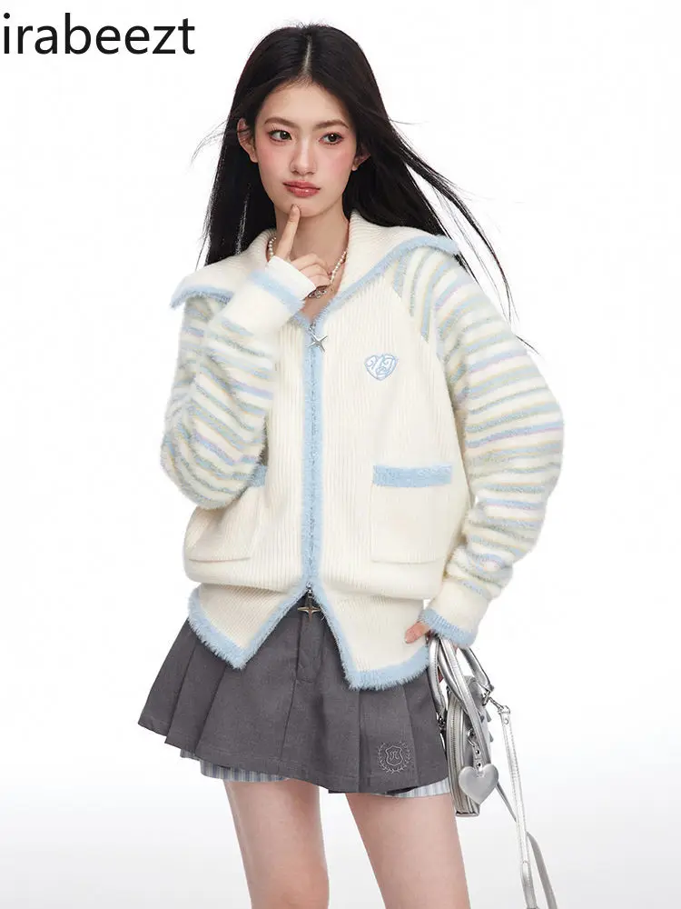 Модный дизайн синие и белые полоски вязаное платье на молнии женское милое