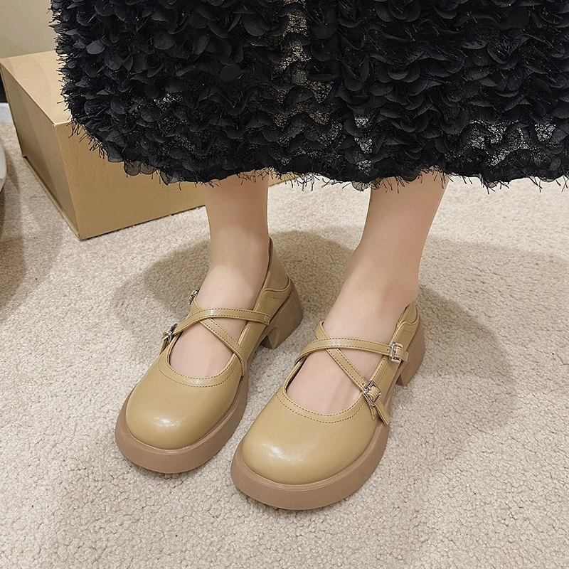 

Kangnai Mary Janes Women Buckle Straps Flat Platform Genuine Leather Round Toe Slip-On 2023 Autumn Fashion Female Shoes